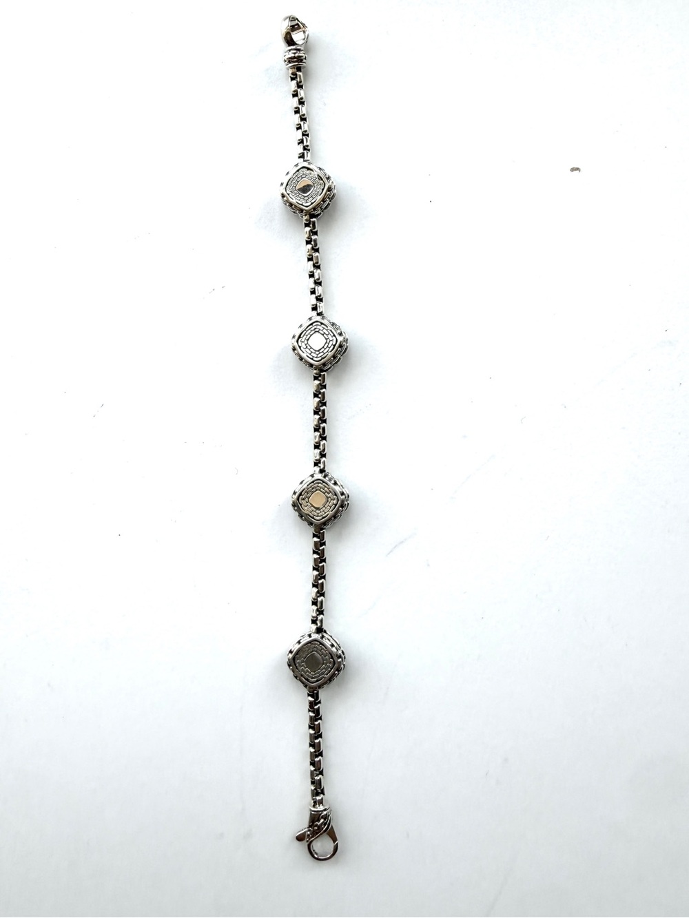 JAI Sterling Silver Station Box Chain Bracelet with Floral Texture (NEW) - Picture 4 of 5